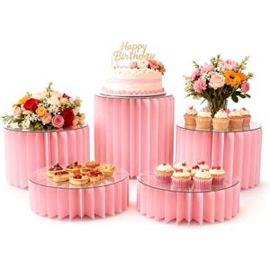 5 Pcs Buffet Risers Food Display Risers for Party Buffet Table, Dessert Table Display Set Cake and Cupcake Stand Combo, Riser Display Stand for Dessert Food Jewelry, Pink, 4"/8"/12" H,Pink
