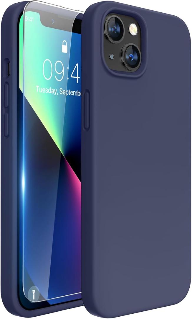 Miracase Designed for iPhone 13 Case, with Tempered Glass Screen Protector, [Soft Anti-Scratch Microfiber Lining], Shockproof Liquid Silicone Rubber Phone Cover Case for 13 6.1 inch, Dark Blue