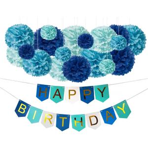 DIY Blue Birthday Decorations - Happy Bday Party Banner Sign and DIY Tissue Paper Pom-Pom Decor Kit for Kids, Teens, Boys, Girls - Under the Sea Beach Shark Whale Pool Dragon Theme Party Supplies