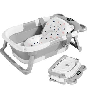 TPN Collapsible Baby Bathtub with Soft Cushion & Real-Time Thermometer Monitor, Foldable Infant to Toddler Tub (0-36 Months), Portable for Travel & Home Use (Grey)