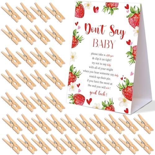 Strawberry Themed Baby Shower Games, Dont Say Baby Game, Pack of 1 Sign and 35 Mini Wooden Clothespins, Berry Sweet Baby Shower Decorations, Gender Reveal Party Supplies
