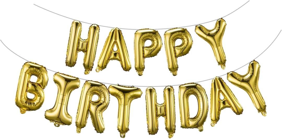 Gold Happy Birthday Balloons Banner 16 Inch Mylar Foil Letters, Inflatable Party Decor and Birthday Decorations for Women, Men, Boys & Girls Kids and Adults, Reusable, Party Supplies