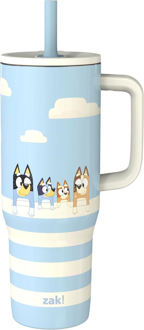 Zak Designs Bluey Sutton Travel Tumbler for On the Go, 30oz Stainless Steel with Vacuum Insulation, Silicone Straw, and Carry Handle for Cold Drinks (Bluey, Bingo, Bandit, Chilli)