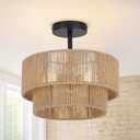 12.6'' Boho Light Fixtures Ceiling Mount, Coastal Hemp rope Semi Flush Mount Ceiling Light Fixture,3-Light Rustic Rattan Ceiling Light With 2-Tier Drum Shade, Nursery Light Fixture Bedroom Chandelier