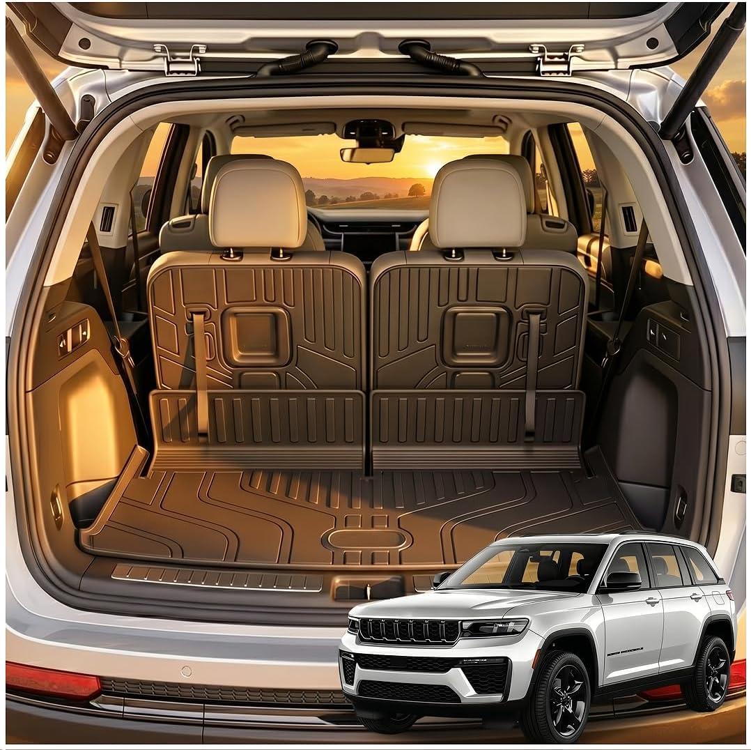 GYGY Cargo Mat Trunk Liner with Backrest Mats, Fit for 2021-2025 2026 Jeep Grand Cherokee L (Fits 3rd Row 6 & 7 Passenger L Models Only), All Weather Waterproof TPE Rear Cargo Tray