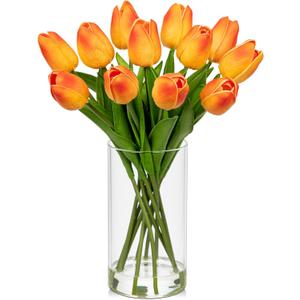 DILATATA 12 Pcs Artificial Real Touch Orange Tulips in Glass Vase with Faux Water, Small Tulip Arrangement for Wedding, Table Centerpieces, Home Decor