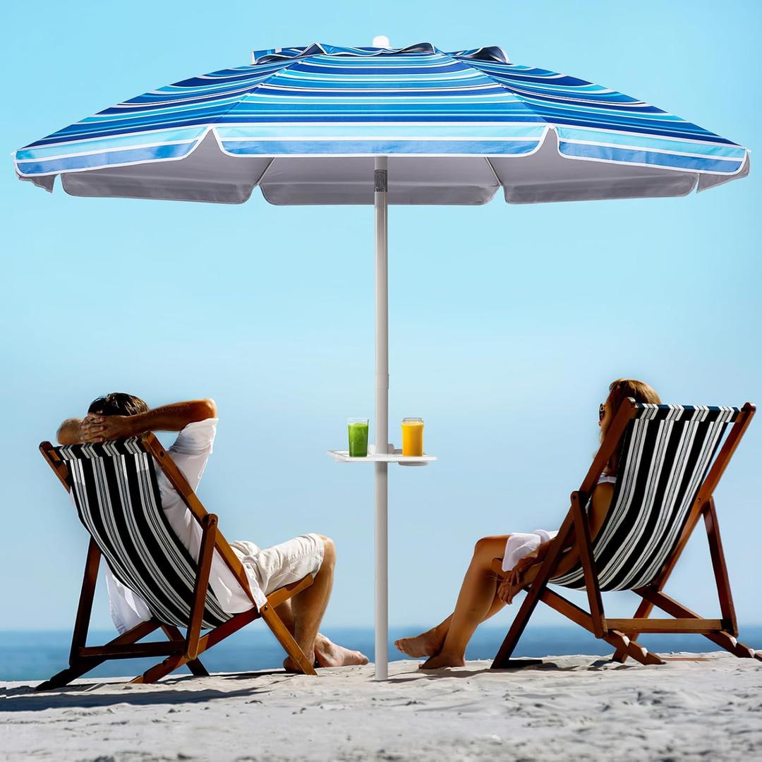 Aoxun 8ft Beach Umbrella with Tray and Tilt Pole Portable Patio Umbrella with Sand Anchor and Carry Bag Outdoor UPF 50+ Sun Shelter with Air Vents Design (Navy Blue)