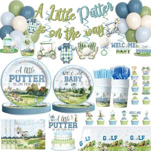 Golf Baby Shower Decorations, 194 PCs Tableware Supplies a Little Putter Is on the Way Decor Set with Napkins Plates Forks Cups Straws Backdrops Balloons Banner Tablecloths Cake Cupcake Topper