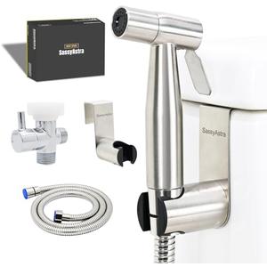 SassyAstra Handheld Toilet Bidet Sprayer — Adjustable Water Pressure, with Hose, Feminine & Pet Wash Kit, Bathroom Hygiene Attachment for Cloth Diaper Cleaning (Quick Install, Stainless Steel)