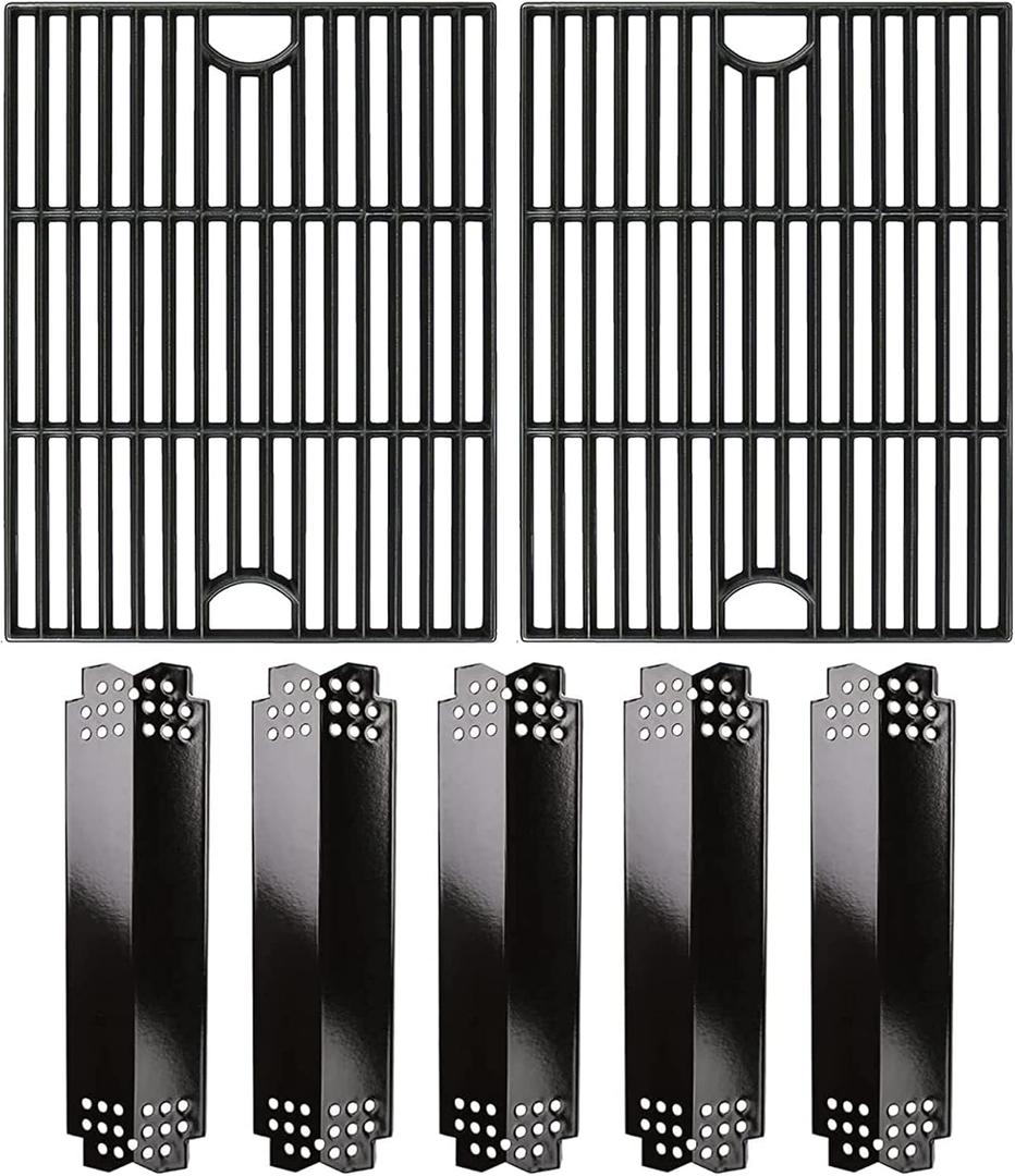 Hisencn Grill Parts for Home Depot Nexgrill 4 Burner 720-0830H, 5 Burner 720-0888N, 720-0888 Gas Grill Models, Porcelain Steel Heat Plate Flame Tamer, Cast Iron Grill Grates, 13 x 17