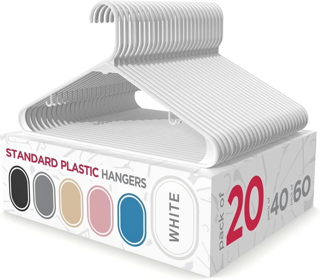 Sharpty Plastic Hangers Clothes Hangers for Clothing, Closet, Coats & Shirts - Durable, Thick, Tough & Space Saving - for Everyday Standard Use, Room Essentials & Basics - 25 Pack - White