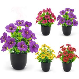 Der Rose 4 Pack Small Fake Plants with Fragrance Discs Spring Faux Flowers in Black Pots Artificial Plants Indoor for Bathroom Room Office Desk Decor