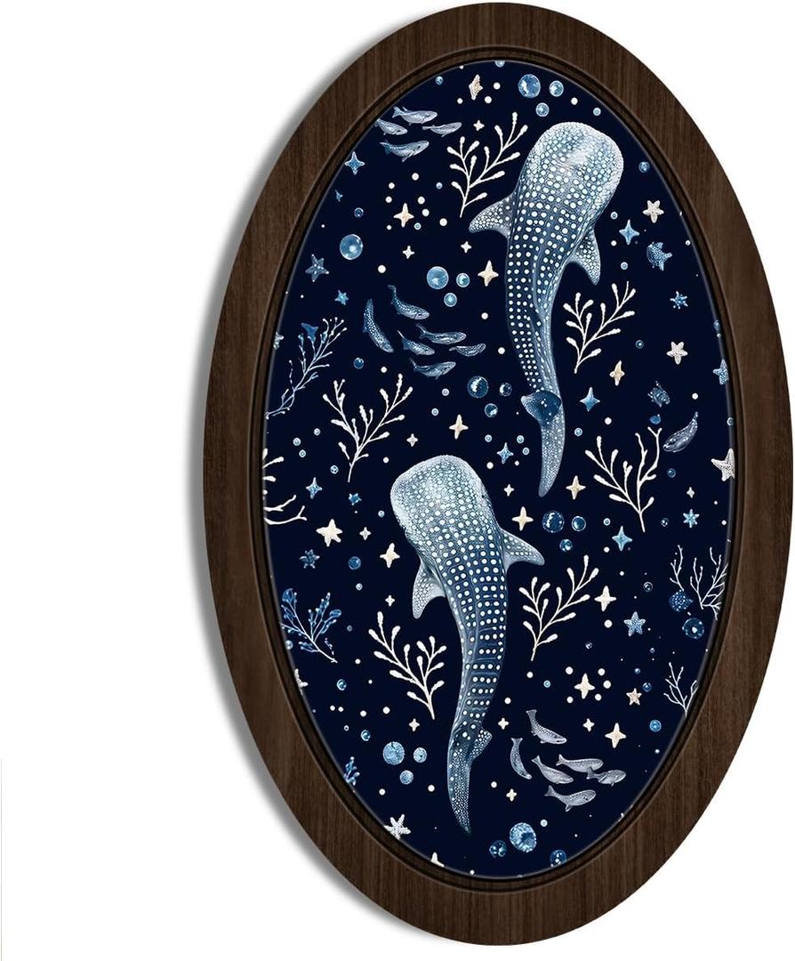 BIWSHA Coastal Whale Shark Oval Wall Art Decor Gifts for Ocean Lovers, Ocean Dark Blue Wooden Wall Art Decor, Nautical Painting Wall Hanging Decor for Bathroom Bedroom Living Room, 10.2x15.7 Inch