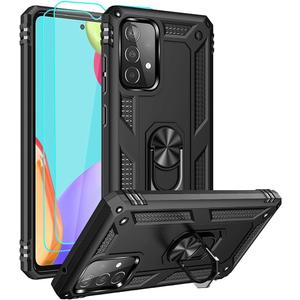 for Samsung A52 Case, Galaxy A52 Case with HD Screen Protector, Military-Grade Ring Holder Kickstand Car Mount 15ft Drop Tested Shockproof Cover Phone Case for Samsung Galaxy A52, Black