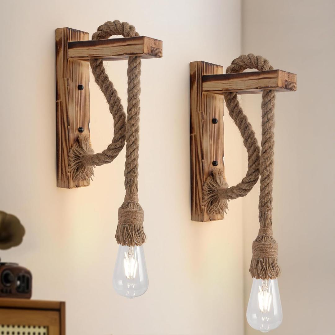 Farmhouse Wood Sconces Wall Lighting for Bedroom,Rustic Wall Mount Sconce with Wood Bracket & Adjustable Hemp Rope, Rustic Wall Lamp for Bedroom Entryway Hallway Living Room.