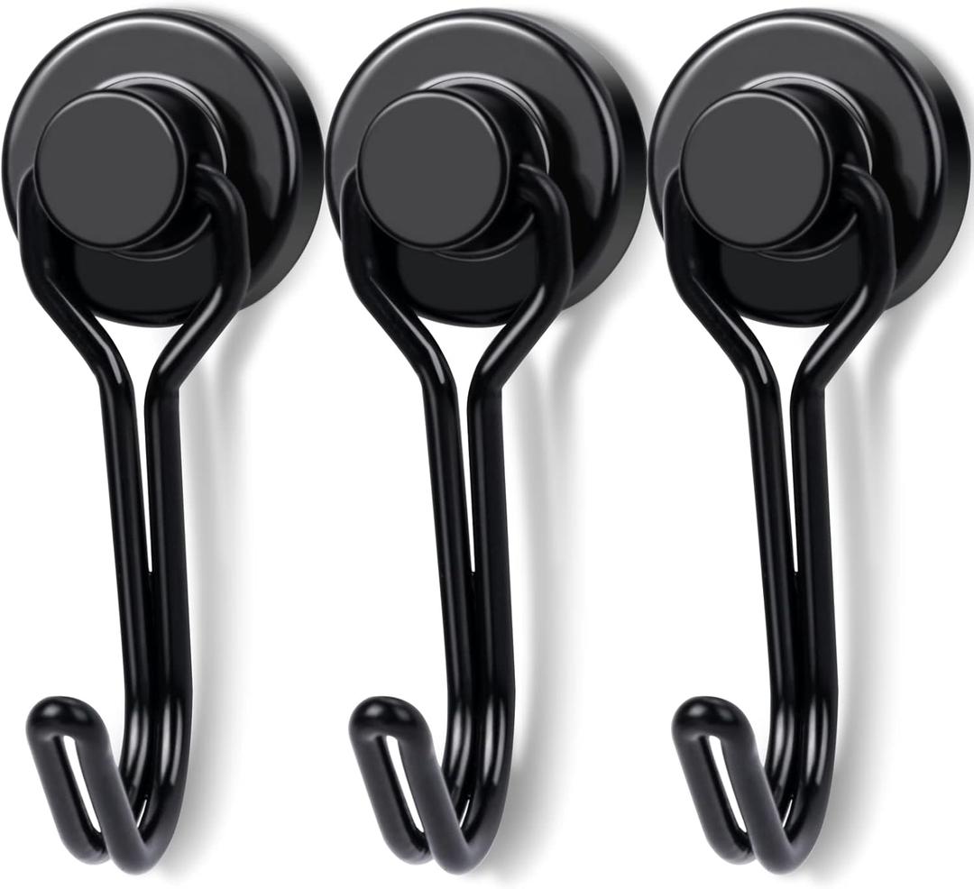 E BAVITE Black Swivel Swing Magnetic Hooks, Strong Neodymium Rare Earth Magnet Hook Perfect for Refrigerator and Other Surfaces, Pack of 3