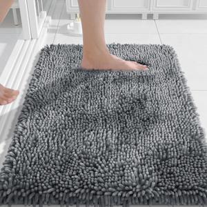 Yimobra Chenille Bathroom Rugs Non Slip, Extra Thick Soft Absorbent Bath Rug, Machine Washable Quick Dry Bath Mat for Bathroom Floor, Tub and Shower, Home Decor Accessories, 24x17, Silver