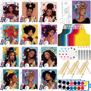 Cholemy 12 Sets Pre Drawn Canvas Kits - Painting Set 8'' x 10'' Afro Sip Pre-Stretched Canvas, Wood Easel, Watercolor Paint, Apron & Brush for Party Favors DIY Gift(Flower Girl)