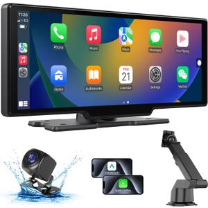 Portable Carplay Screen for Car Stereo, 10.26" HD Touch Screen with Android Auto& Carpaly, 1080p Backup Camera, Car Audio Receiver with Voice Control, Mirror Link, Bluetooth, Navigation