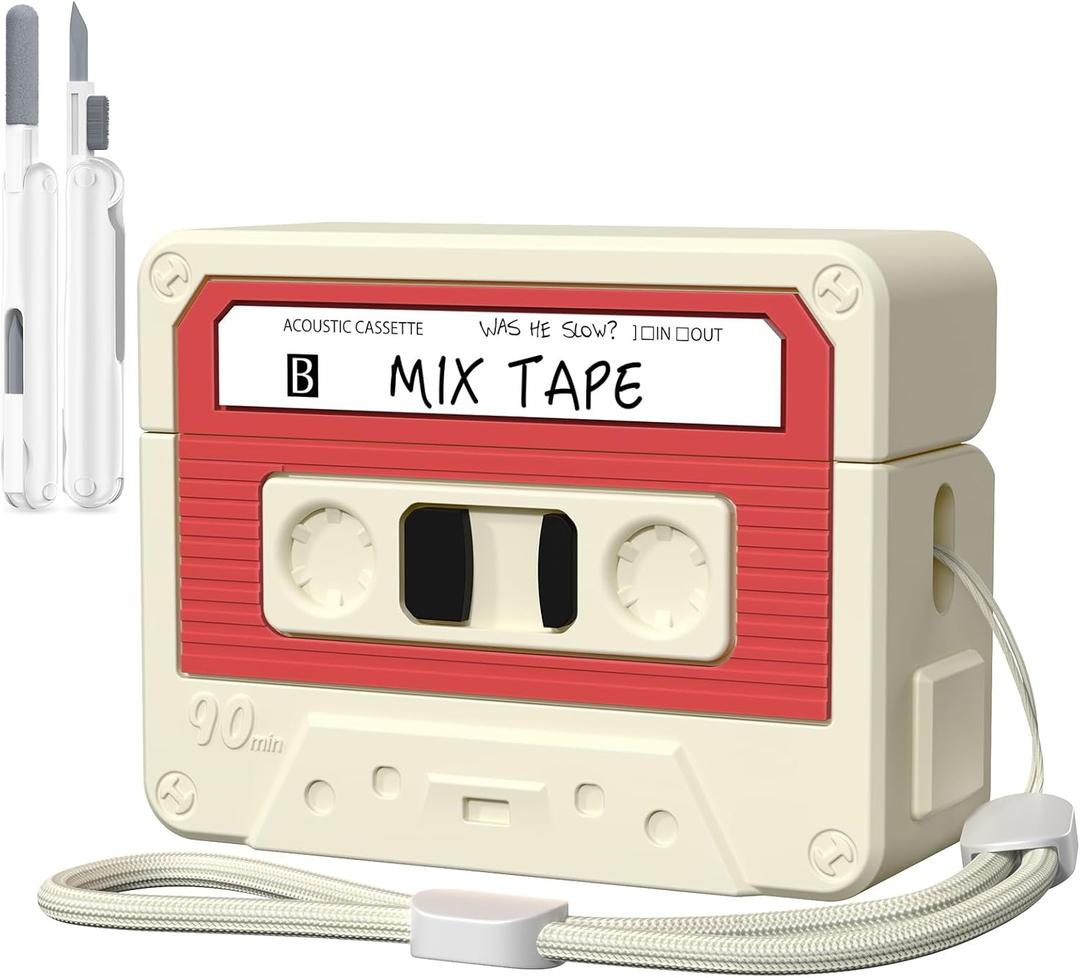 AirPods Pro 3 Case Cover, KOREDA Funny Cassette Tape Design Case for Airpods Pro 3rd Generation 2025, Cute Cartoon Fashion Silicone Protective Case for Women Men (Off-White)