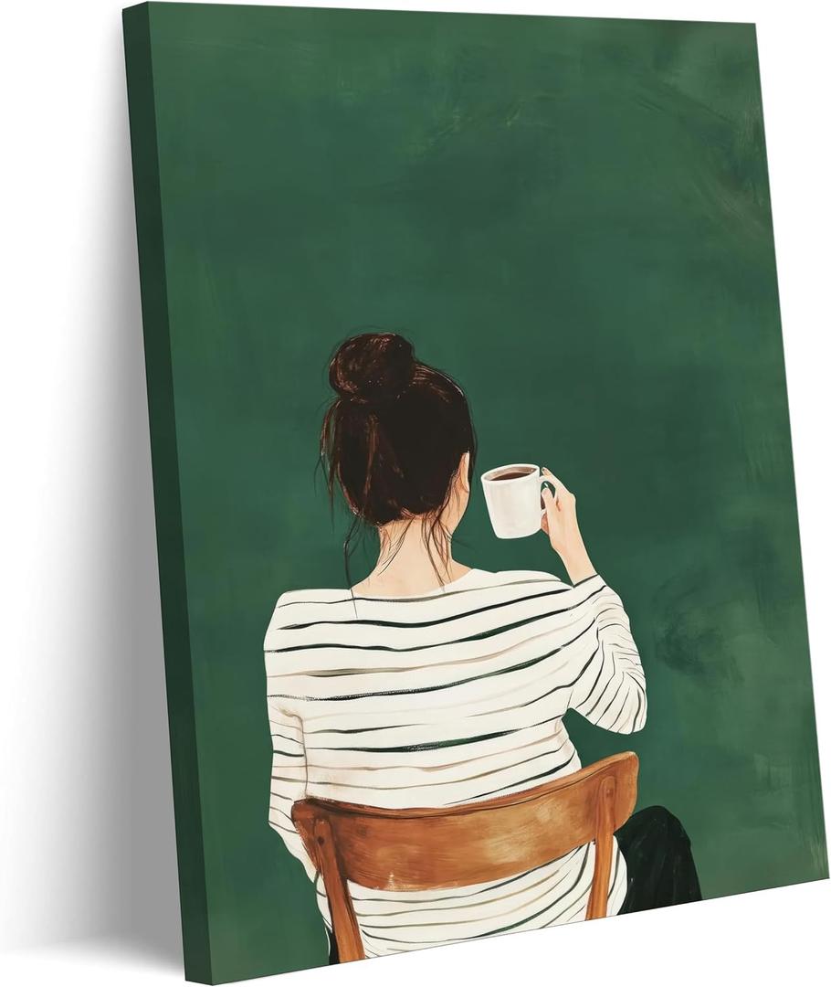 QGJQCFY Coffee Lover Canvas Wall Art, Green, 16x24in | Modern Simplicity Woman Drinking Coffee, Minimalism Poster Prints, Kitchen Dining Room Artwork, Home Decoration