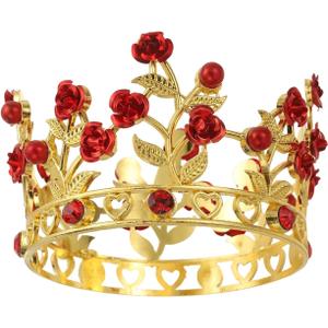 Uxcell Mini Crown Cake Toppers, Alloy Queen Princess Little Crown Tiara Cupcake Heart Shaped with Pearl & Rose for Birthday Cake Decor Wedding Party, Gold/Red/Red