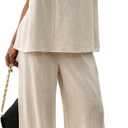 Women's Linen 2 Piece Outfits Loose Top and Pant Suits Summer Vacation Beach Travel Two Piece Lounge Sets