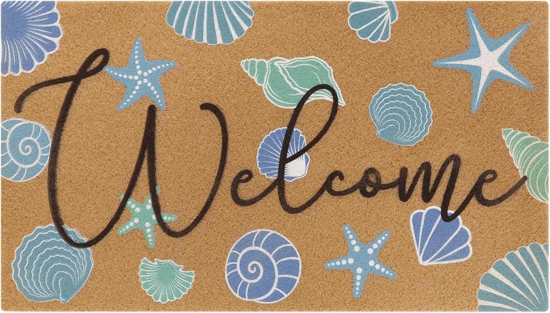 Tinideya Beach Door Mat Coconut Fiber Coastal Welcome Mat Indoor Outdoor Starfish Seashell Doormats Non-Slip Entrance Rugs for Front Door Porch Entryway Home Decor, 17 x 30 Inch