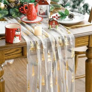 Artoid Mode 6PCS Beige Gold Christmas Tree Gauze Table Runner 120 Inch 10FT, Glitter Metallic Foil Seasonal Sheer Dining Holiday Table Decor for Home Party