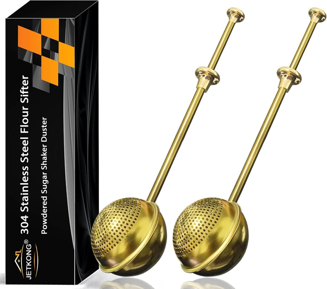 JETKONG Large Flour Sifter, Baking Sifters with 18/8 Stainless Steel Dusting Wand for Sugar, Flour and Spices, Set of 2 (Large, Gold)
