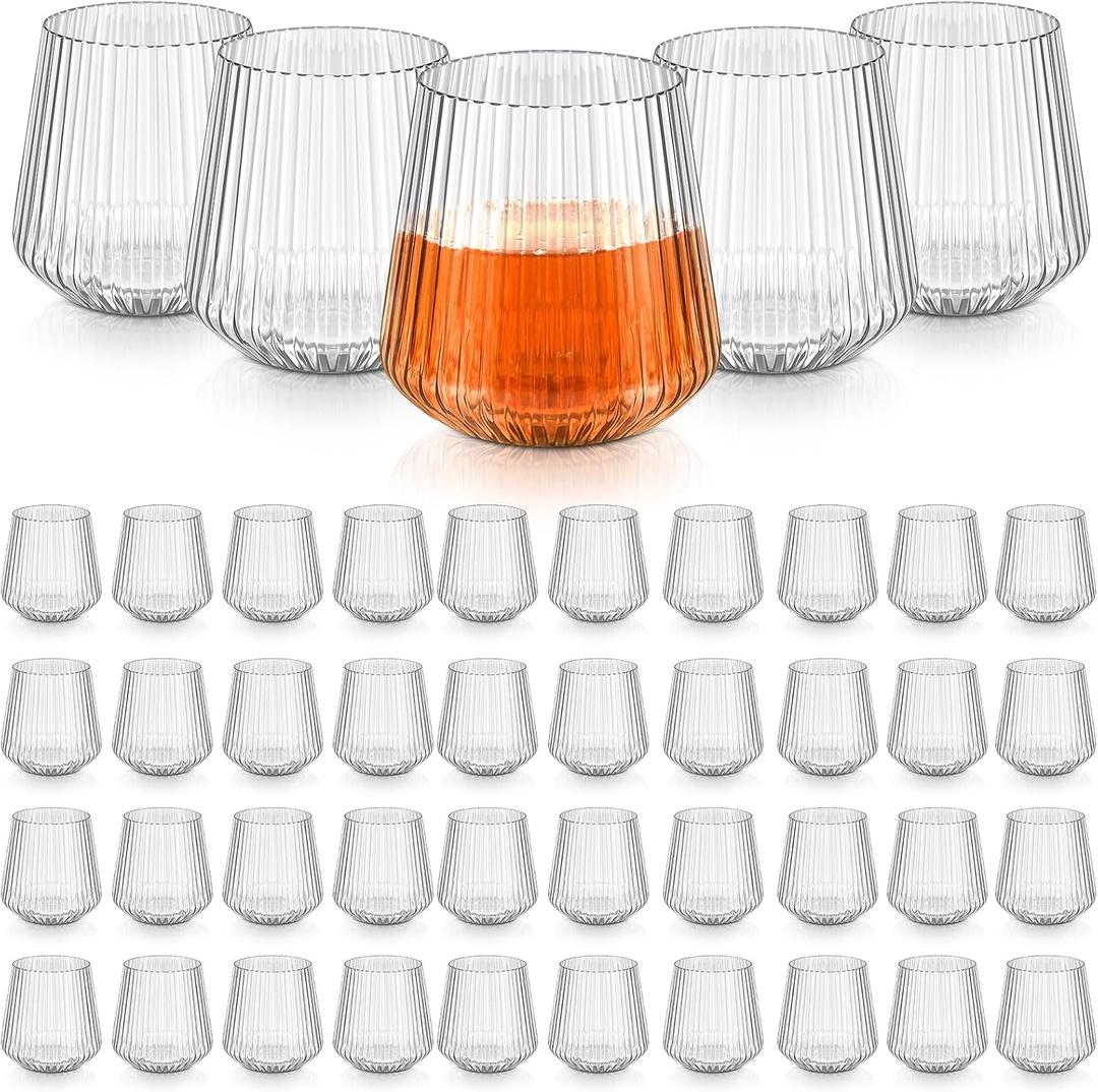 Denylo pro 50 Pcs 14 OZ Plastic Ribbed Wine Glasses Disposable Clear Wine Glasses Recyclable Shatterproof Reusable Plastic Cups for Party Home Bars Wedding Tasting Favors