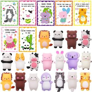 28 Pack Valentines Day Gifts for Kids School with Kawaii Mochi, Stress Relief Fidget Toys with Valentines Day Cards for Kids Classroom, Valentines for Kids Class Exchange Gifts School Party Favors