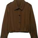 FindThy Womens Cropped Pleated Jacket Casual Lapel Collar Long Sleeve Button Down Outerwear Trench Coat, Brown L