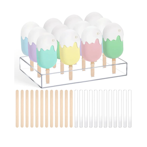 Gejoy Cakesicle Stand Display 12 Holes Acrylic Cake Pop Stand with 12 Pcs Reusable Acrylic Sticks and 50 Pcs Wooden Sticks Clear Ice Holder for Dessert Table Birthday Wedding