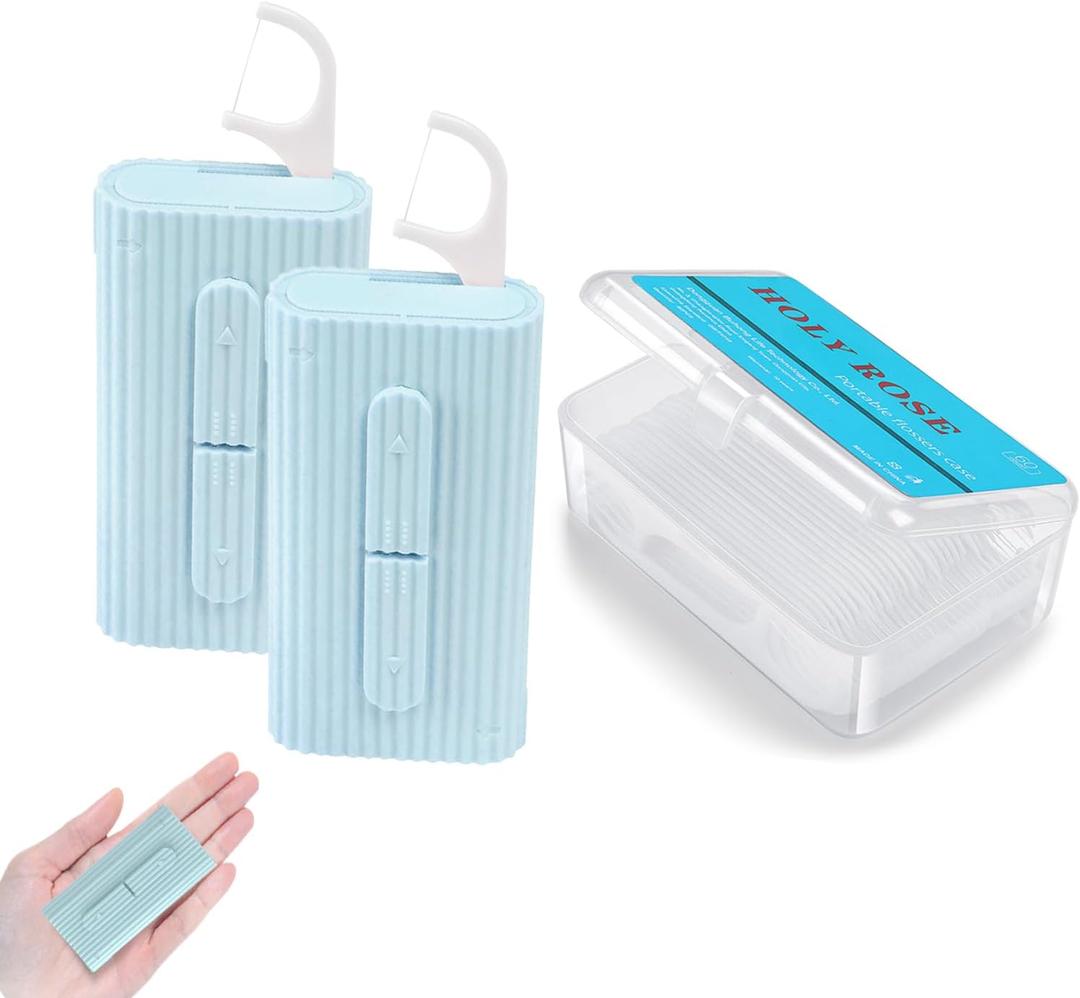 Holy rose Portable Dental Floss Picks Dispenser 2 Box, Travel Floss Case with Adult Floss Sticks 80 Count, Portable Flosser Toothpick Perfect for Home, Travel Cleaning Teeth, Tool for Oral Care (Blue)