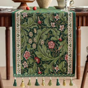 Tassel Table Runner Green Floral Rectangular Polyester Jacquard Bed Runner Home Restaurant Kitchen Living Room Dining Coffee Table Cabinet Decoration for Party Holiday Picnic Wedding-72"