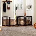 PUPETPO Freestanding Dog Gate with Door, Pet Gate for Stairs, 80 inch Wide Pet Barrier Indoor, Dog Fences Indoor, Support Feet Included, 4 Panels, 24" Tall, Dark Brown
