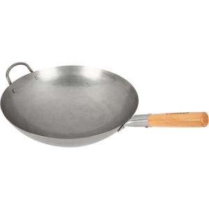 Cuisinart 14” Carbon Steel Hammered Wok, Traditional Round Bottom, Stir Fry Pan with Wooden & Helper Handle for Authentic Asian Cuisine, Wok Hei Cooking Perfect for Stir-Fry, Sauté & Deep Fry