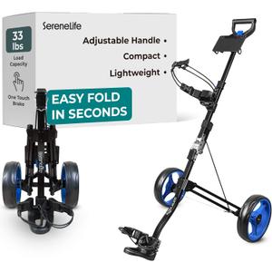 SereneLife Golf Push Pull Cart Lightweight, Foldable, Bag Holder with Adjustable Handle, Caddy Accessories, Compact Folding Golf Trolley for Travel, 2 Wheel, 22.8"