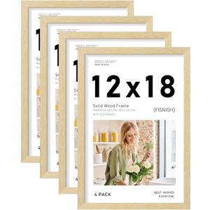 12x18 Picture Frame Set of 4, Natural Solid Wood Picture Frames, Display 12x18 Photos without Mat, Horizontal or Vertical Wall Mounting Poster Frame, Oak Wood Grain