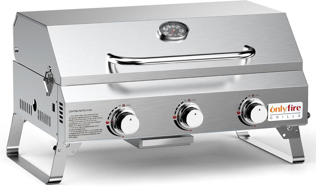 Tabletop Gas Grill 3 Burners, Stainless Steel Portable Propane Grill with Foldable Legs for Outdoor Patio Backyard Camping, Tailgating, RV Trip, Heavy Duty & 24000BTU, GS307