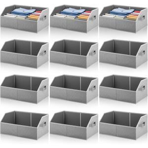 Maxdot 12 Pack Trapezoid Closet Bins with Handle 15. 7 x 11 x 7. 9 Inch Large Closet Shelf Organizer Storage Bins Foldable Organizing Baskets for Clothes Towels Book, Light Gray