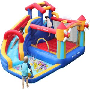 AirMyFun Bounce House with Slide, Inflatable Bouncy House for Kids with Windmills Theme Indoor Outdoor Use, Bounce Castle with Jumping, Ball Pit, Basketball Hoop and Water Gun
