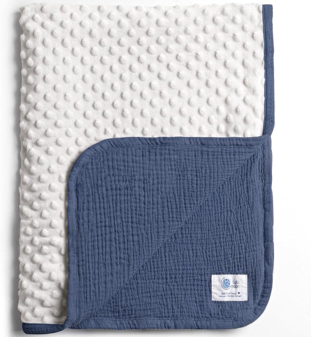 lulumoon Baby Blankets for Boys Newborn: Reversible Muslin & Minky Dotted Backing - Thermal Receiving Blanket for Stroller & Registry Gift 30"x40"(Blue)