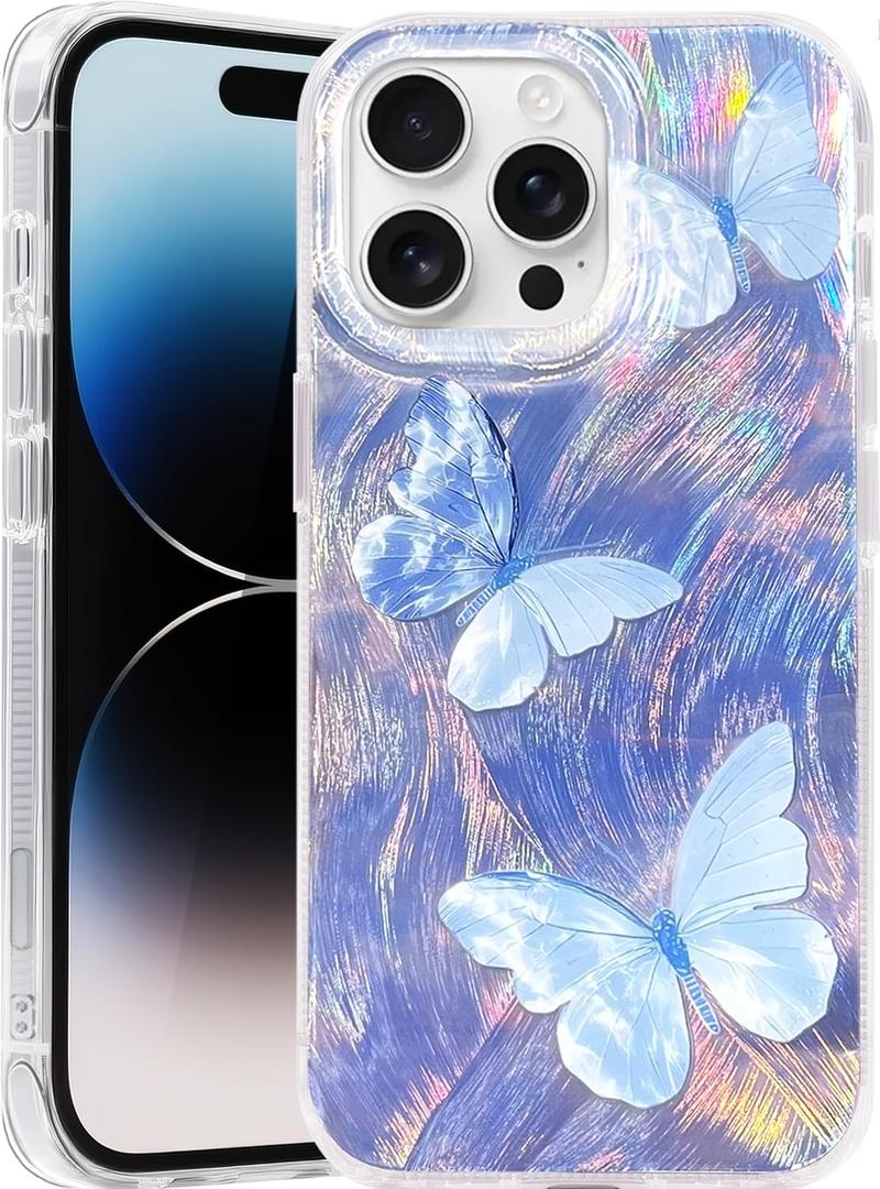 Compatible with iPhone 16 Pro Case,with [Shockproof Protective][Camera Protection] Cute Butterfly Aesthetic Phone Cover Anti-Yellowing Soft Slim Cover for Women Girl-Blue