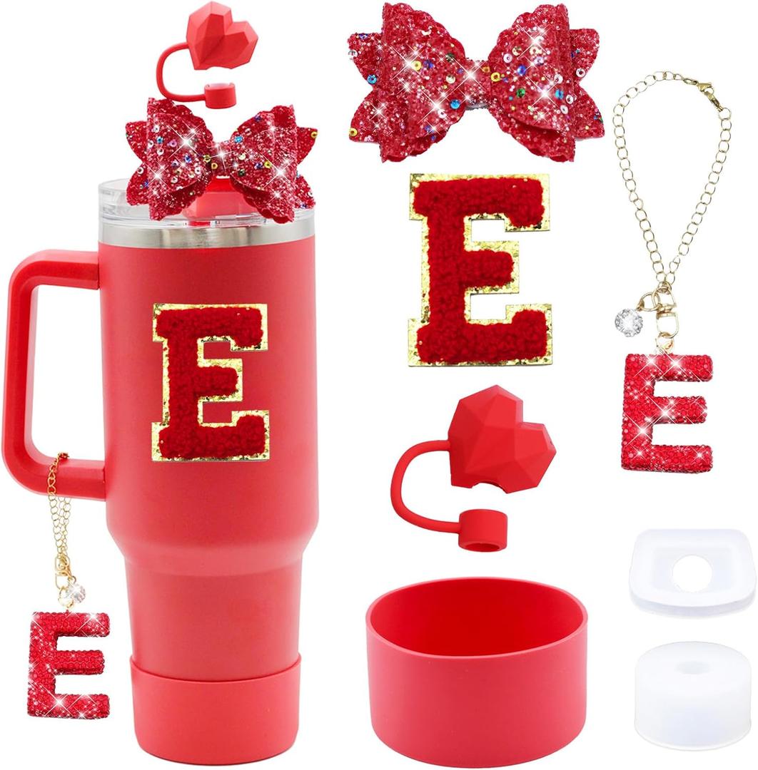 2 x 7Pcs Red Stanley Cup Accessories Set For Stanley Cup 30oz 40oz tumbler with handle,Including Heart Straw Topper Cover Cap,Letter Charm,Red Shiny Bow,Spill Proof Stopper,Silicone Boot(Red E)