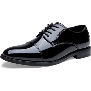 Jousen Men's Dress Cap Toe Shoes Wingtip Brogue Oxfords for Men Business Formal Derby Shoes, Patent Black US 10