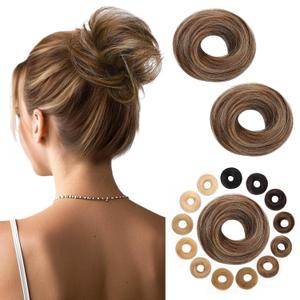 Hairro Human Hair Messy Bun, 100% Real Ponytail Hair Scrunchies, Natural Curly Chignon Fluffy Donut Updo, Hairpiece with Elastic Rubber Band for Women, 2 Count Medium Brown Mix Dark Blonde Straight