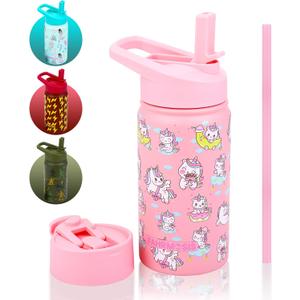 FAHRMOSIS 14 OZ Kids Water Bottle with Straw & 2 Lids (Flip & Spout) Leak Proof Metal Insulated Stainless Steel Reusable Tumbler for School & Sports Water Bottle - Pink (Unicorn)