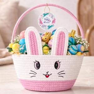 Allaugh Personalized Easter Basket for Toddler: Pink Cotton Woven Baby Easter Gift Basket - Empty Bunny Egg Baskets Large with Double Rope Handle For Girls Boys Kids